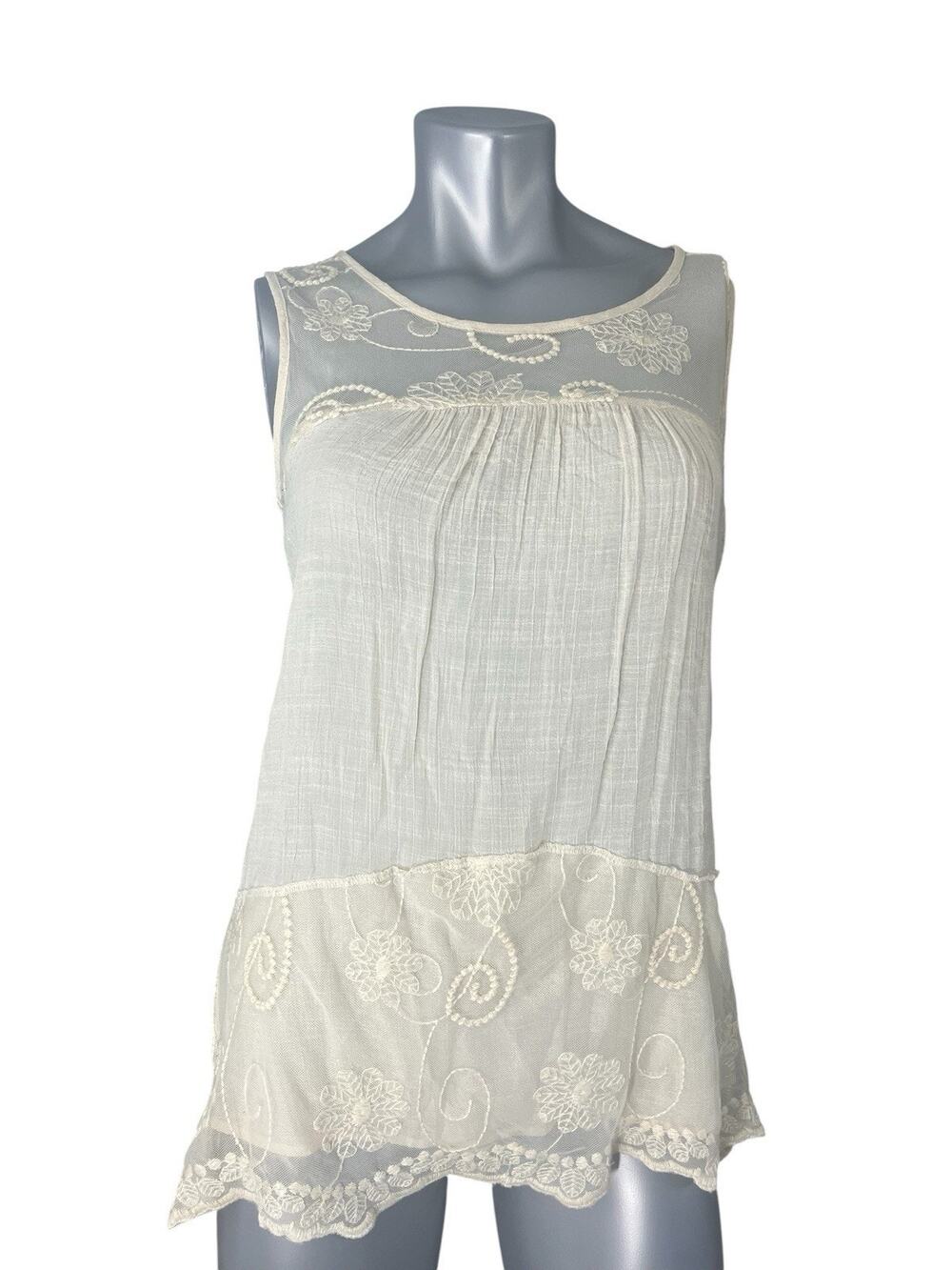 Top Ecru Lace Sheer Sleeveless Small Ivory Cream Boho Feminine Fairy Edwardian